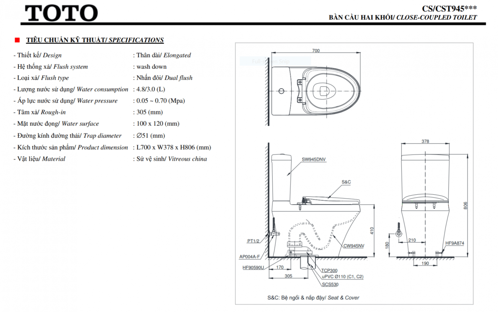 thông số kĩ thuật bồn cầu toto 2 khối CS945DNT8