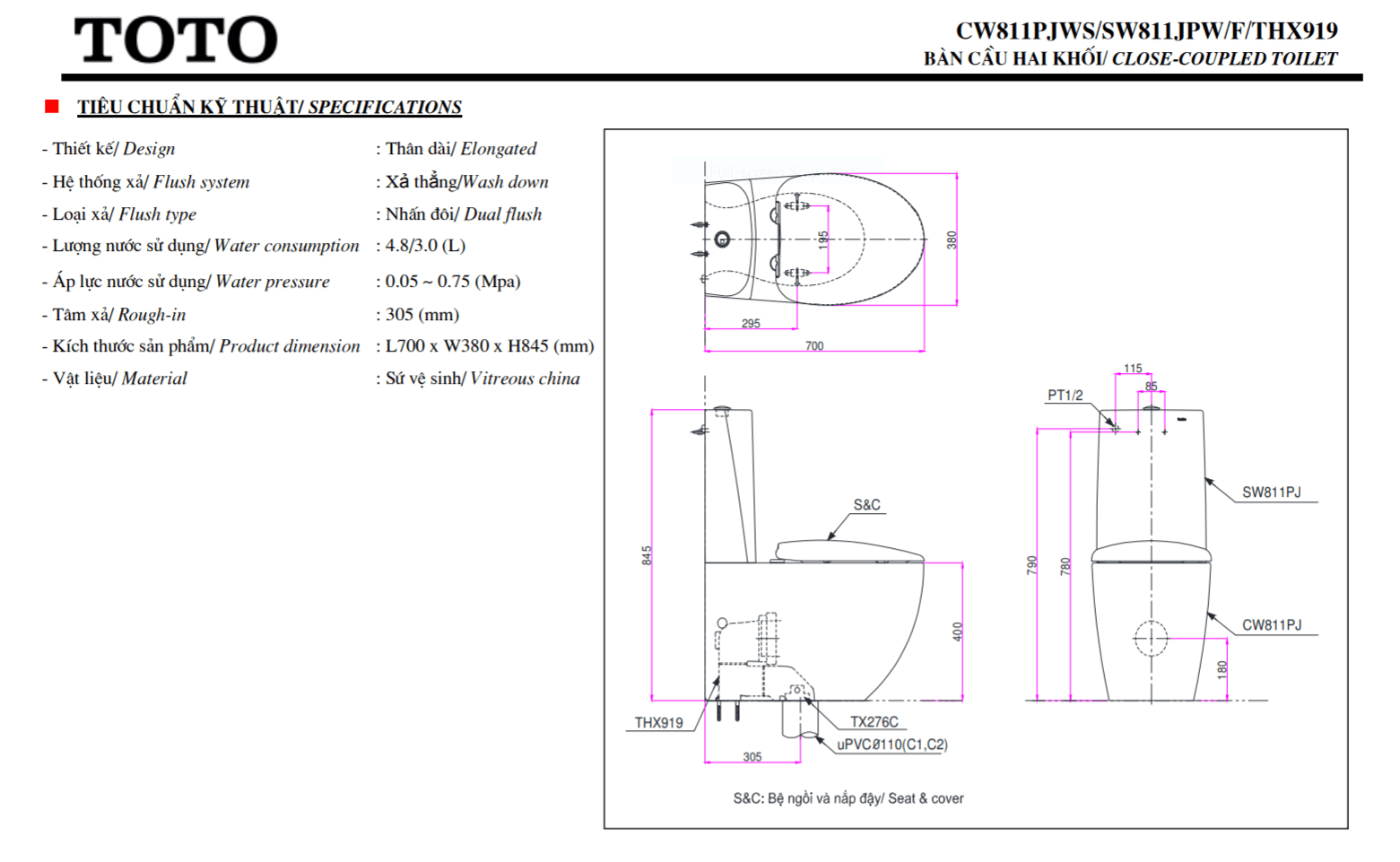 thông số kĩ thuật bồn cầu 2 khối toto CW811PJWS/SW811JPW/F/THX919