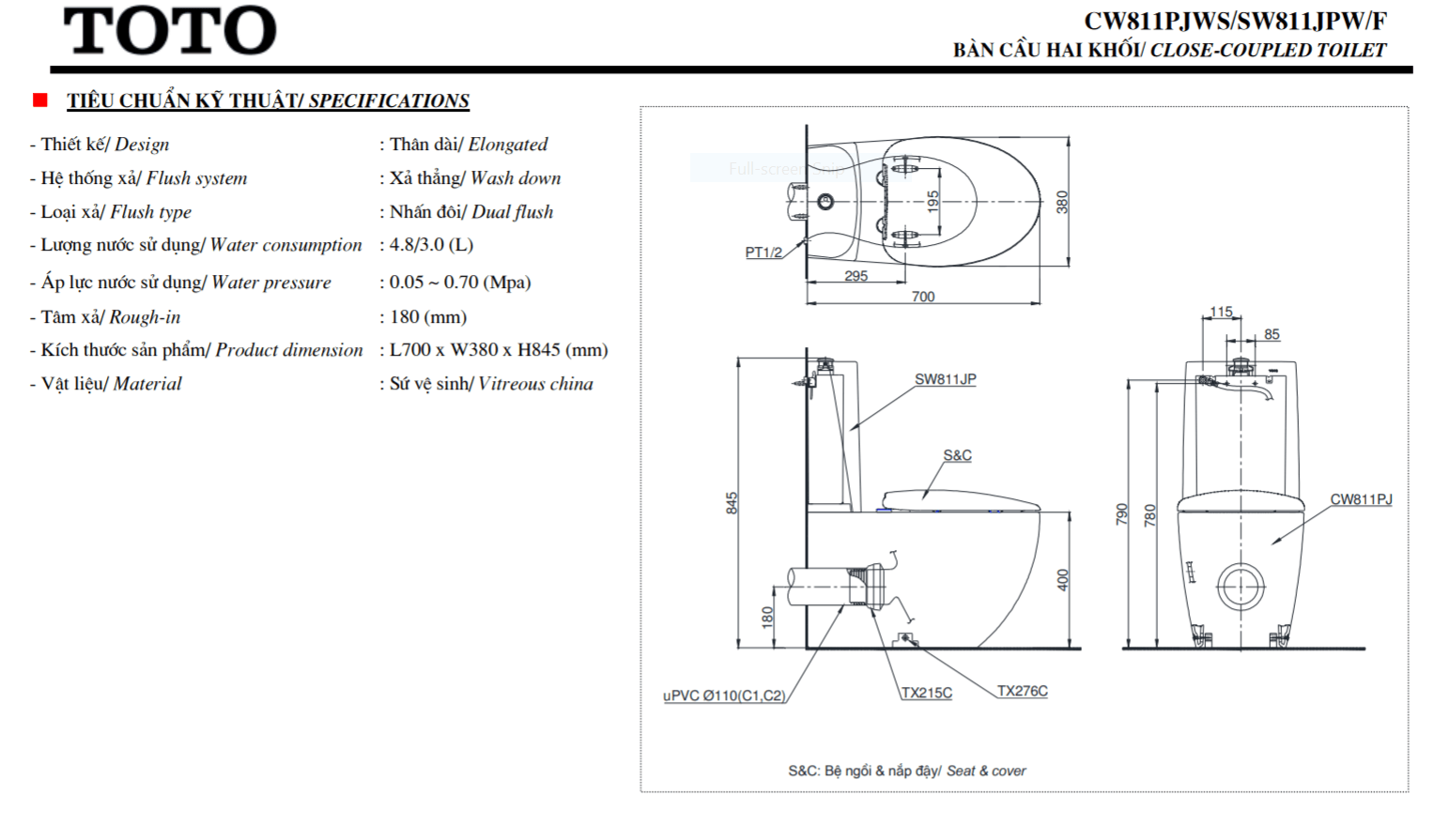 thông số kĩ thuật bồn cầu 2 khối toto CW811PJWS/SW811JPW/F/TX215C