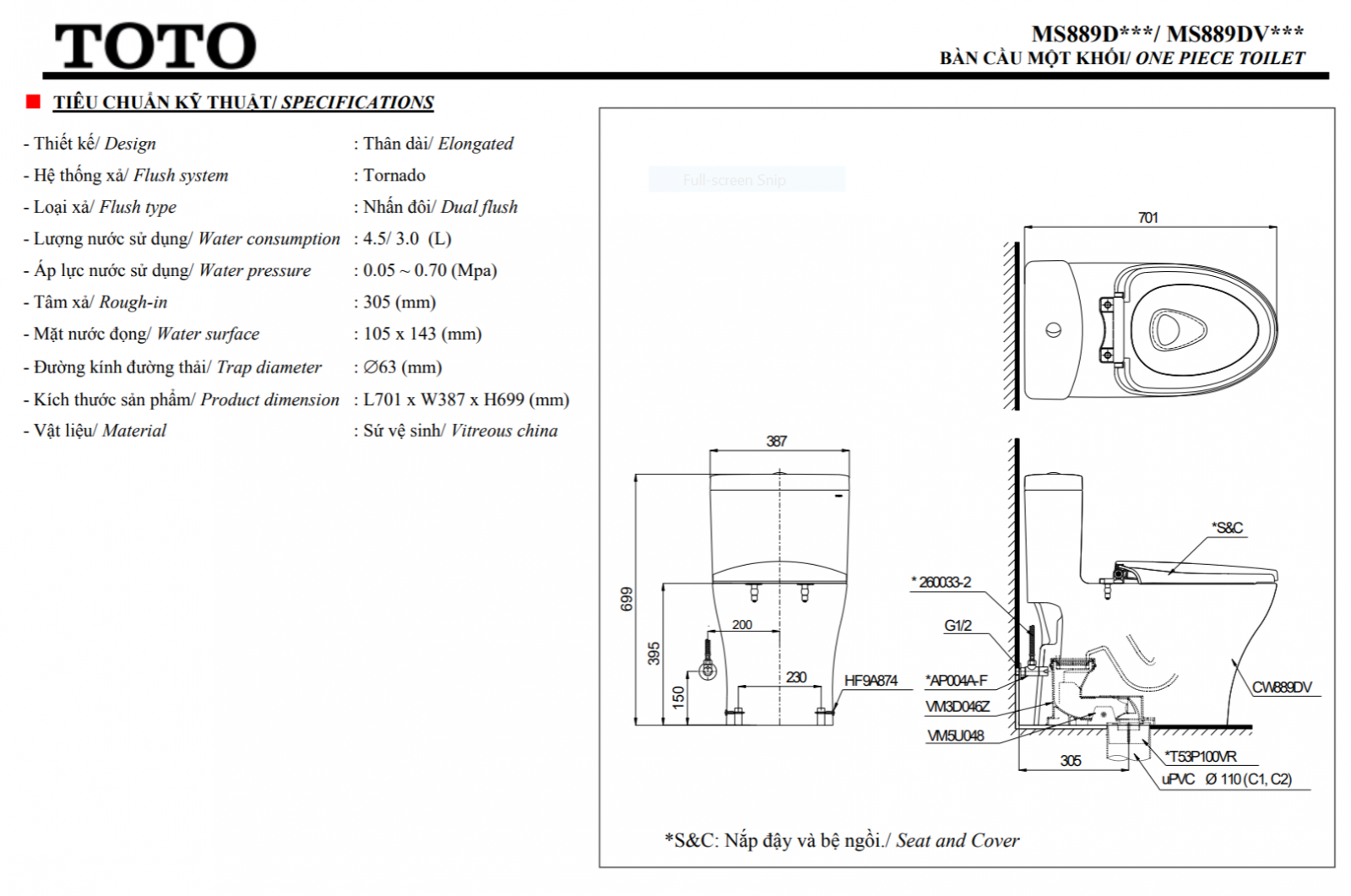 thông số kĩ thuật bồn cầu 1 khối toto