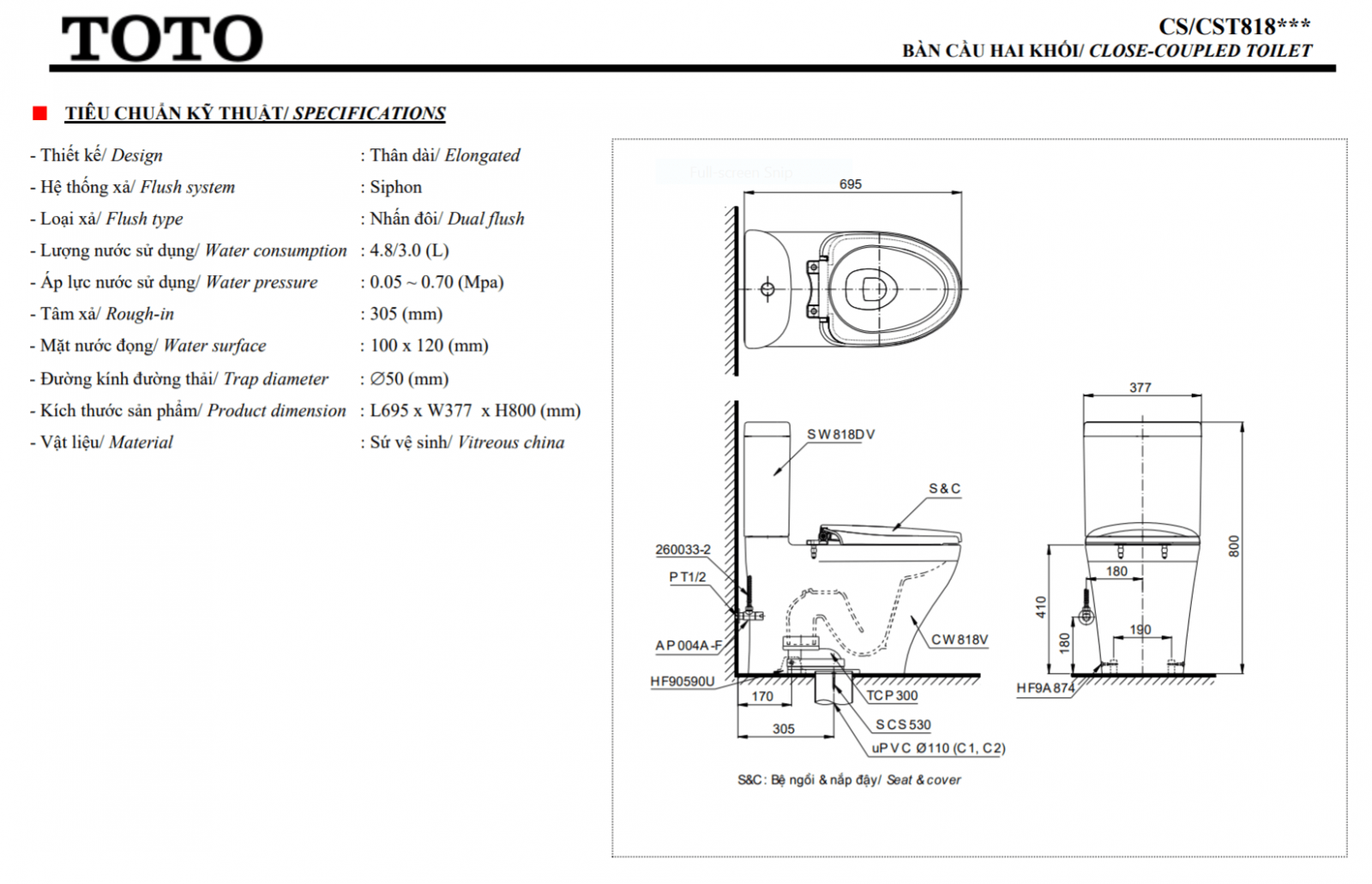 thông số kĩ thuật bồn cầu 2 khối điện tử toto CS818