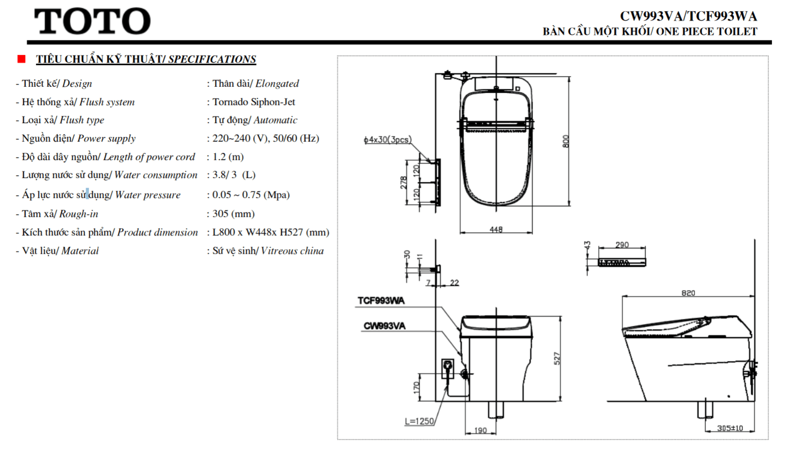thông số kĩ thuật bồn cầu điện tử toto CW993VA/TCF993WA