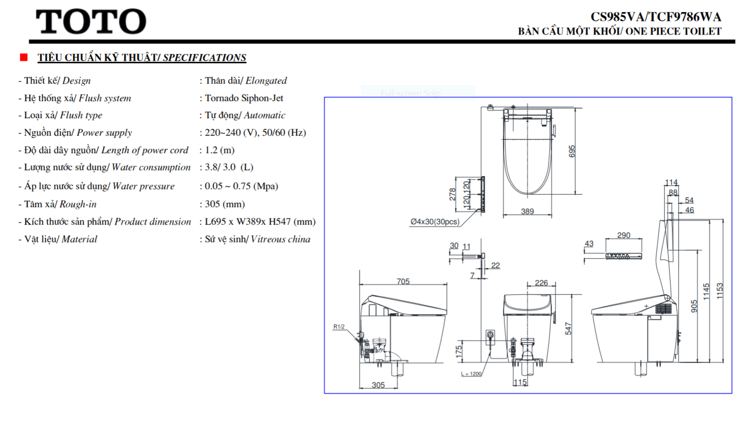 thông số kĩ thuật bồn cầu toto neorest CS985VA/TCF9786WA