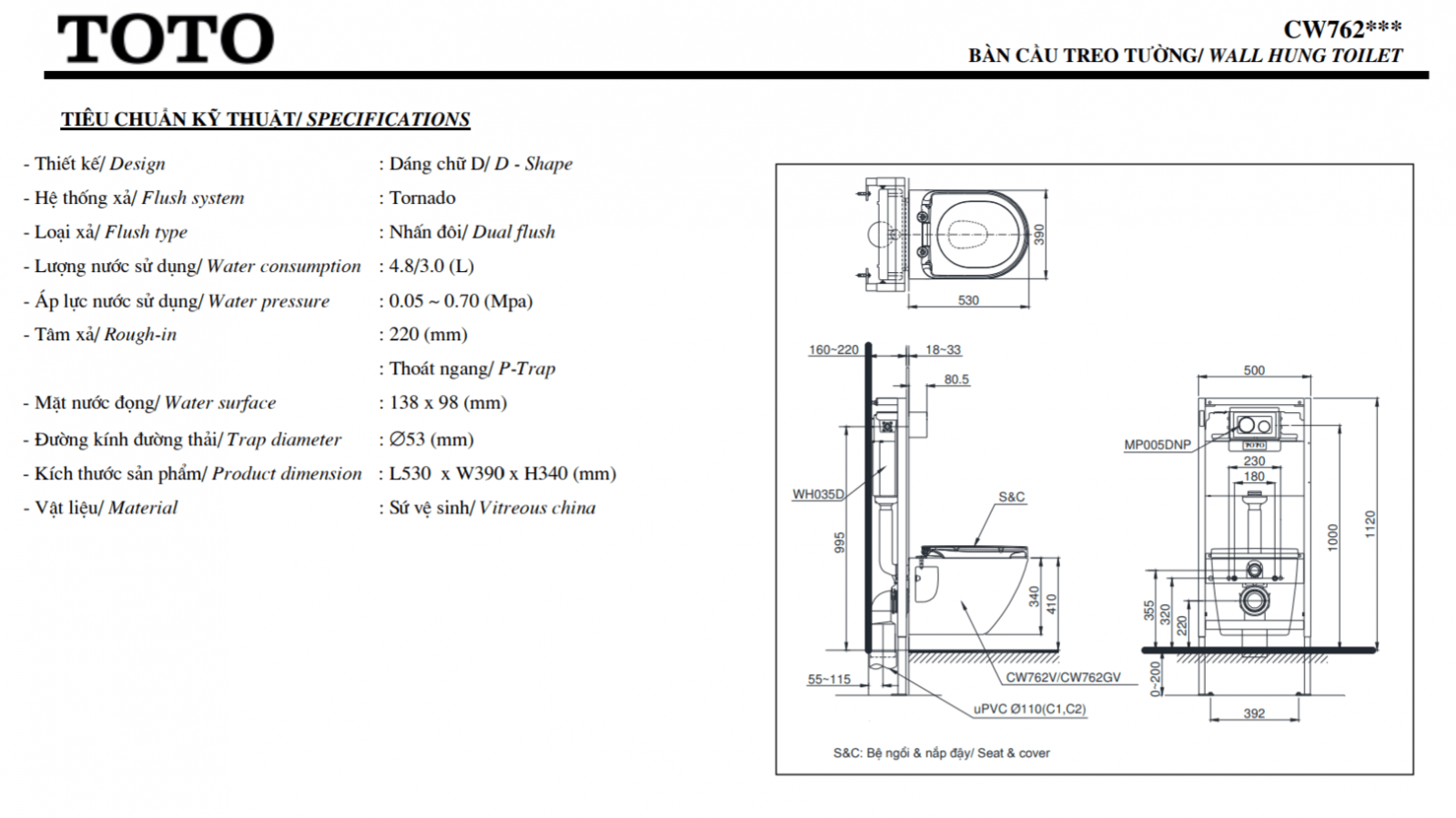 Thông số kĩ thuật bồn cầu treo tường toto CW762
