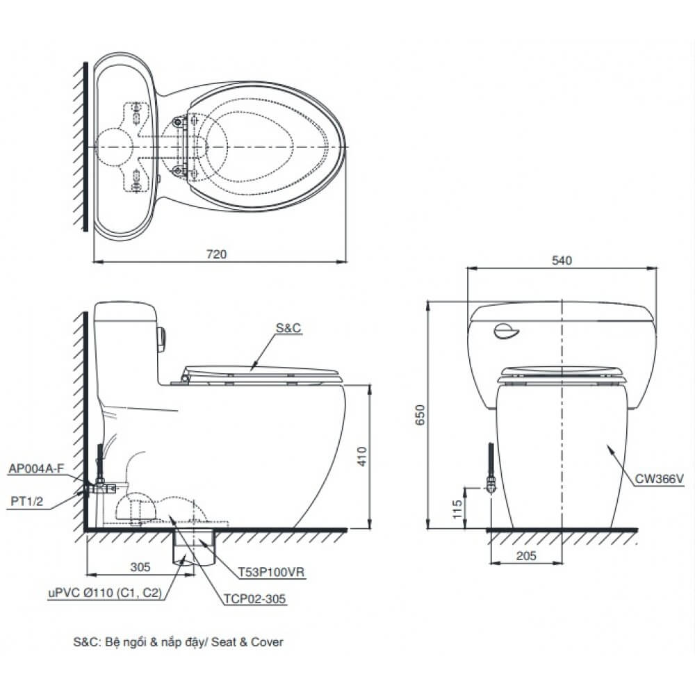 thông số kĩ thuật bồn cầu 1 khối toto MS366