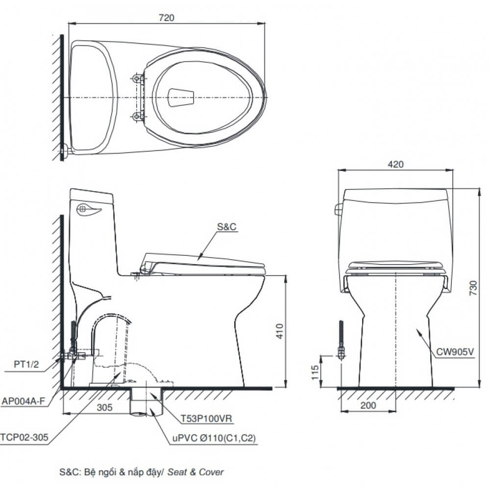thông số kĩ thuật bồn cầu toto MS905