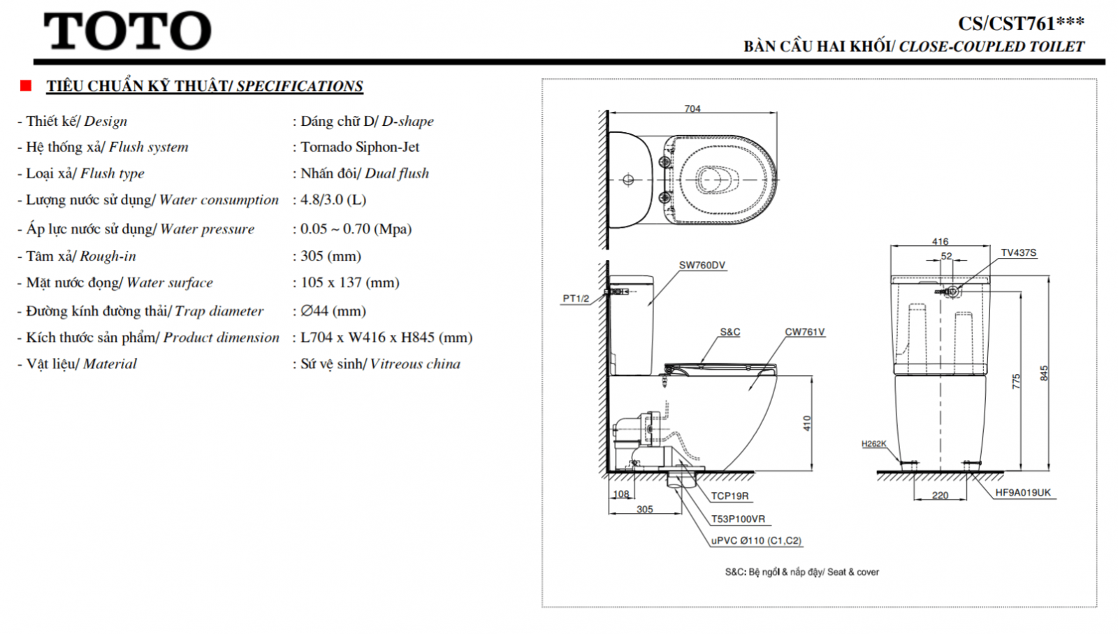 Thông số kĩ thuật bồn cầu 2 khối toto washlet CS761