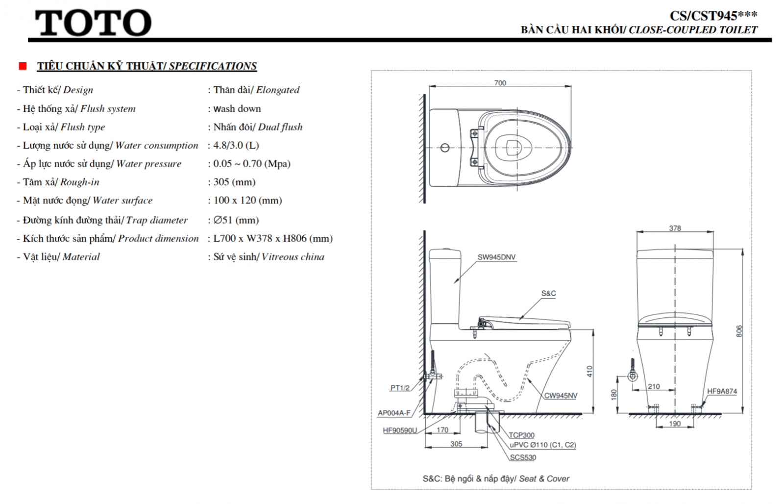 Thông số kĩ thuật bồn cầu washlet toto CS945DNW6