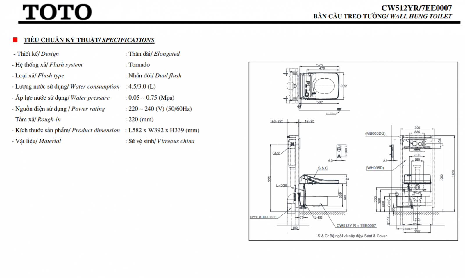 thông số kĩ thuật bồn cầu toto treo tường CW512YR/7EE0007