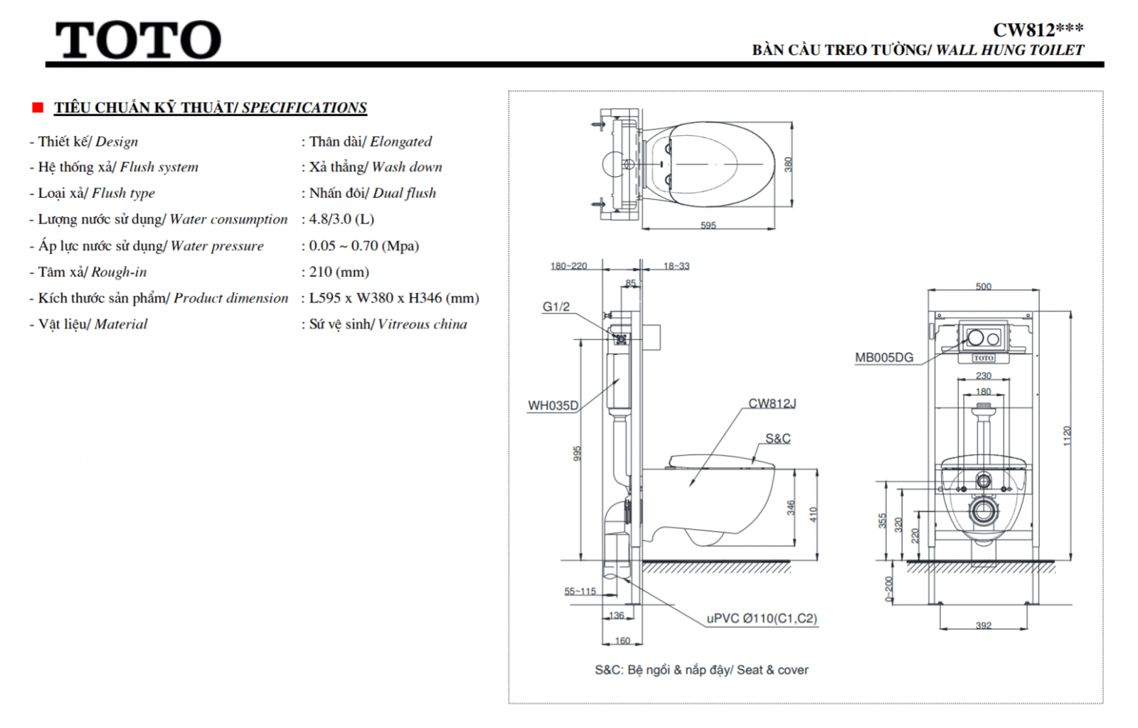 thông số kĩ thuật bồn cầu toto treo tường CW812JWS/TC811S5