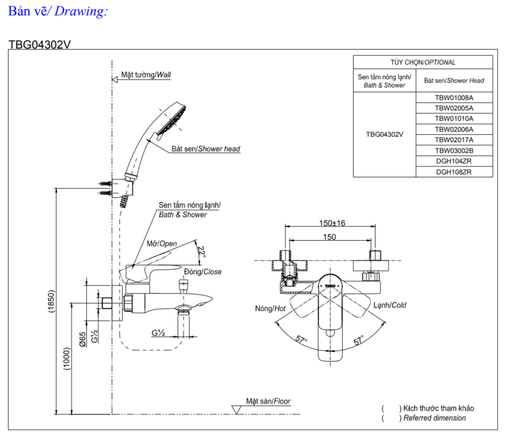 thông số kĩ thuật củ sen tắm toto TBG04302V