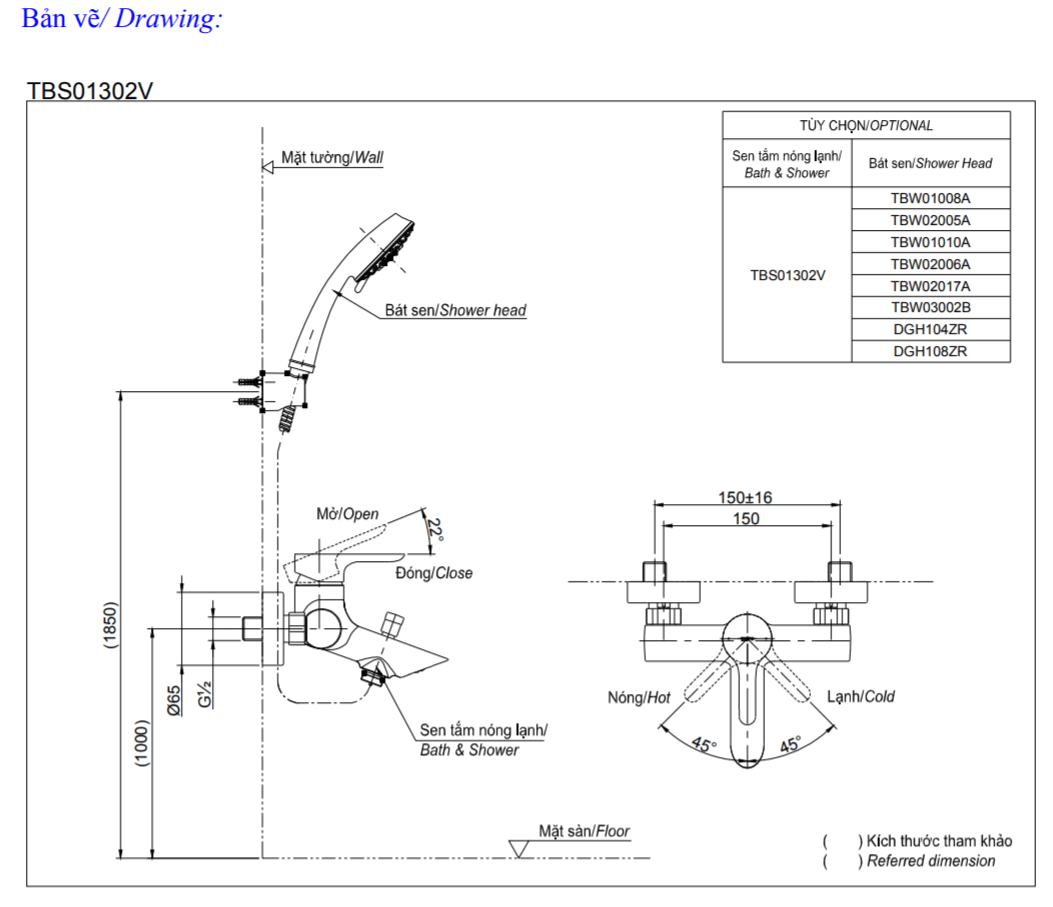 Thông số kĩ thuật củ sen TOTO TBS01302V