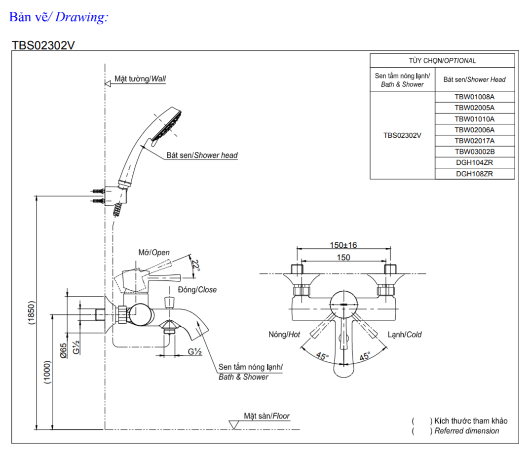 Thông số kĩ thuật củ sen tắm TOTO TBS02302V