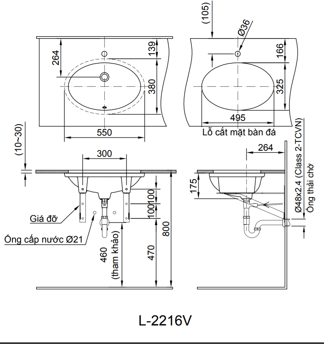 ThÃ´ng sá» kÄ© thuáº­t lavabo Ã¢m bÃ n INAX L-2216V