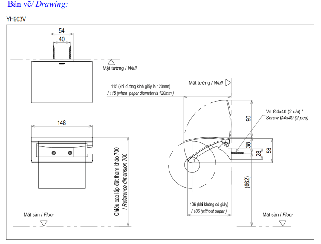 Thông số kĩ thuật lô giấy vệ sinh toto YH903V