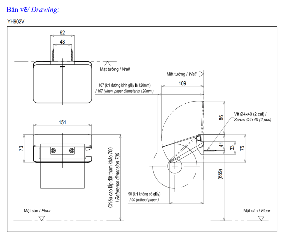 Thông số kĩ thuật lô giấy vệ sinh TOTO YH902V