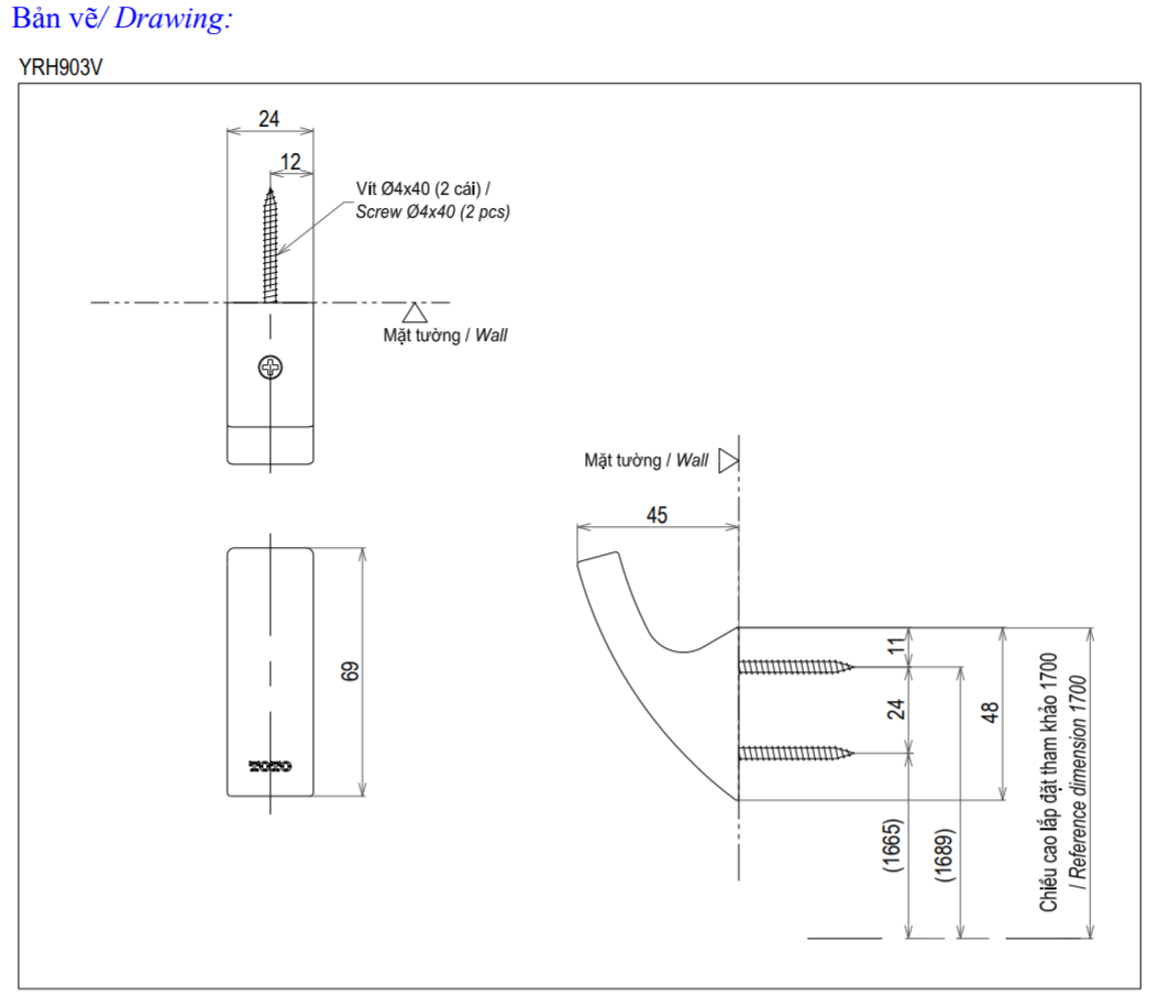 Thông số kĩ thuật móc treo tường toto YRH903V