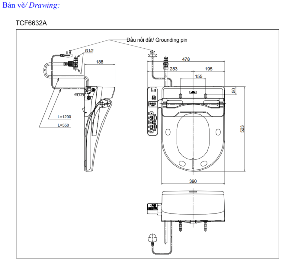 Thông số kĩ thuật nắp bồn cầu toto washlet TCF6632A
