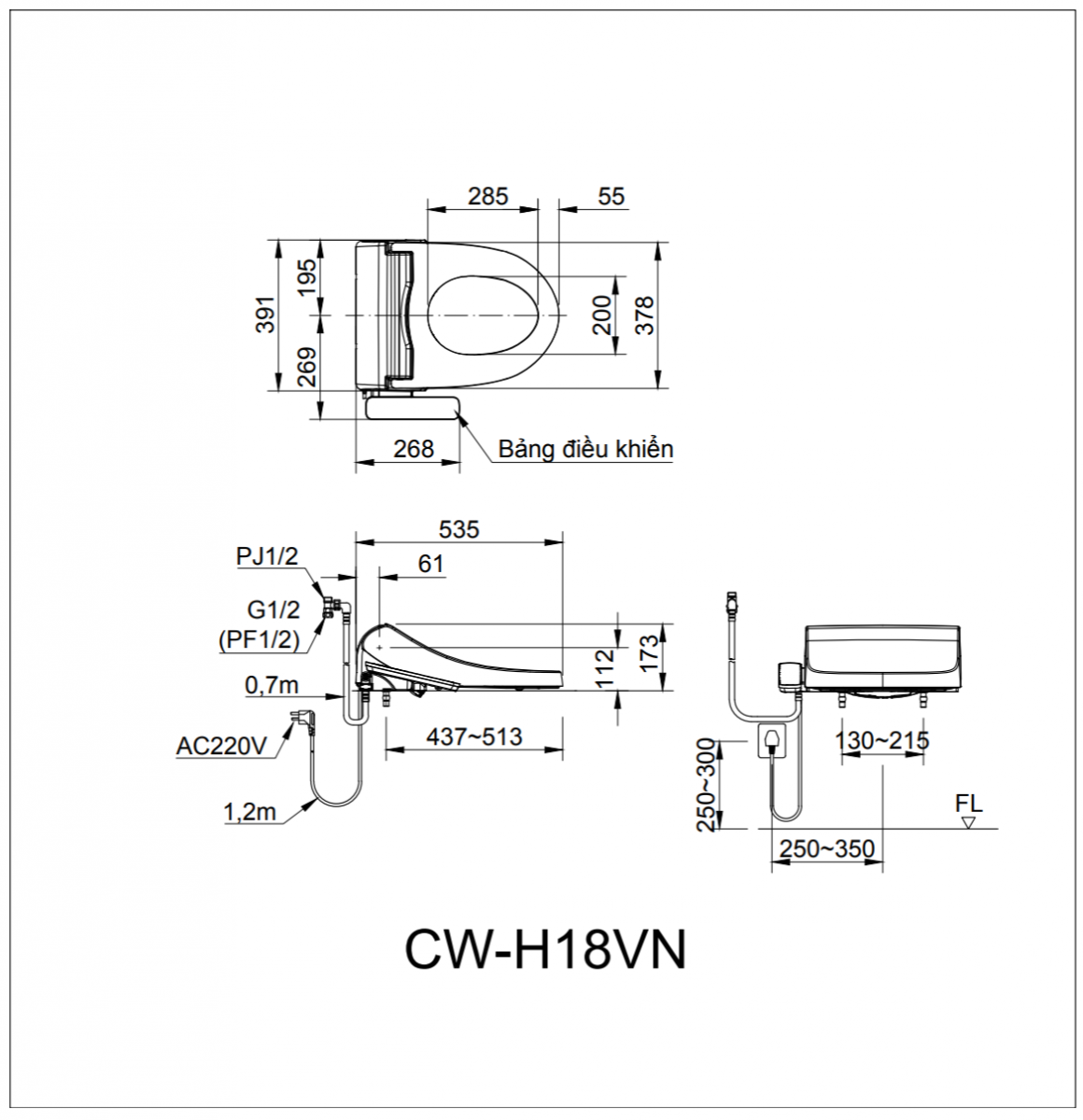 thông số kĩ thuật nắp rửa bồn cầu INAX CW-H18VN