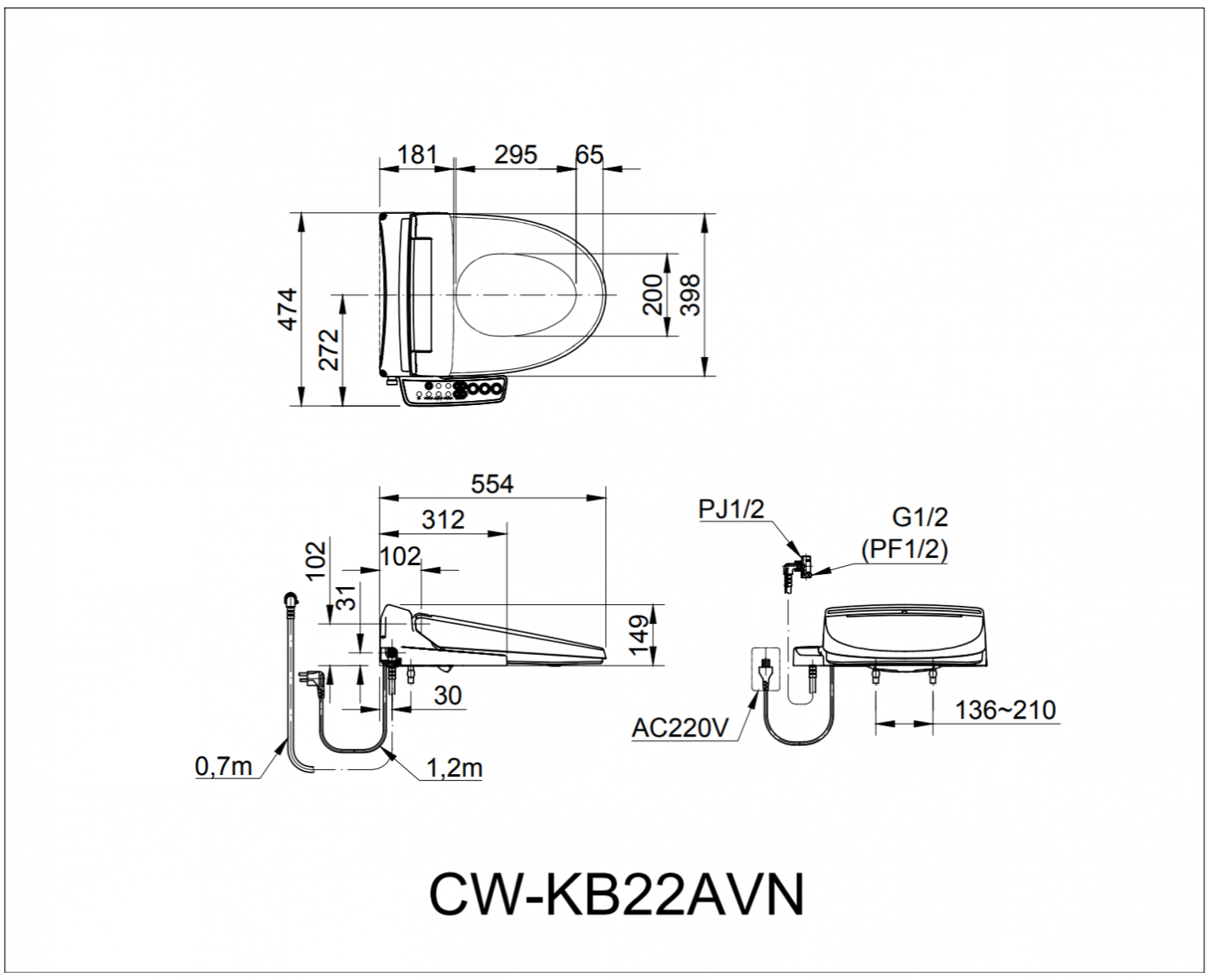 Thông số kĩ thuật nắp rửa điện tử INAX CW-KB22AVN