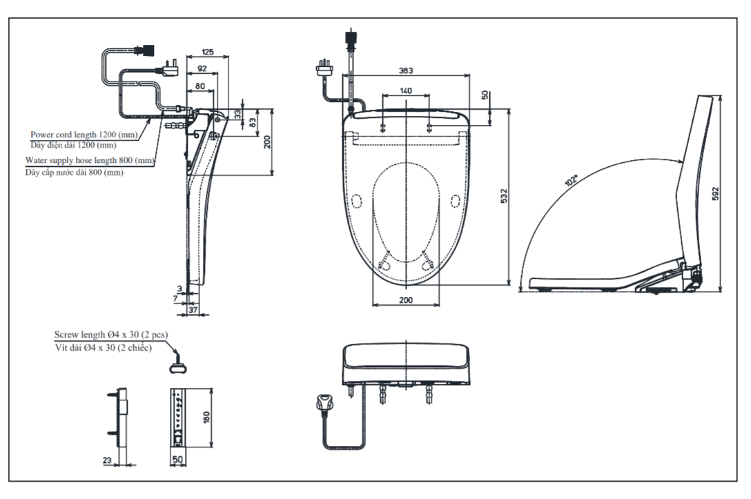Thông số kĩ thuật nắp rửa điện tử toto TCF4911EZ