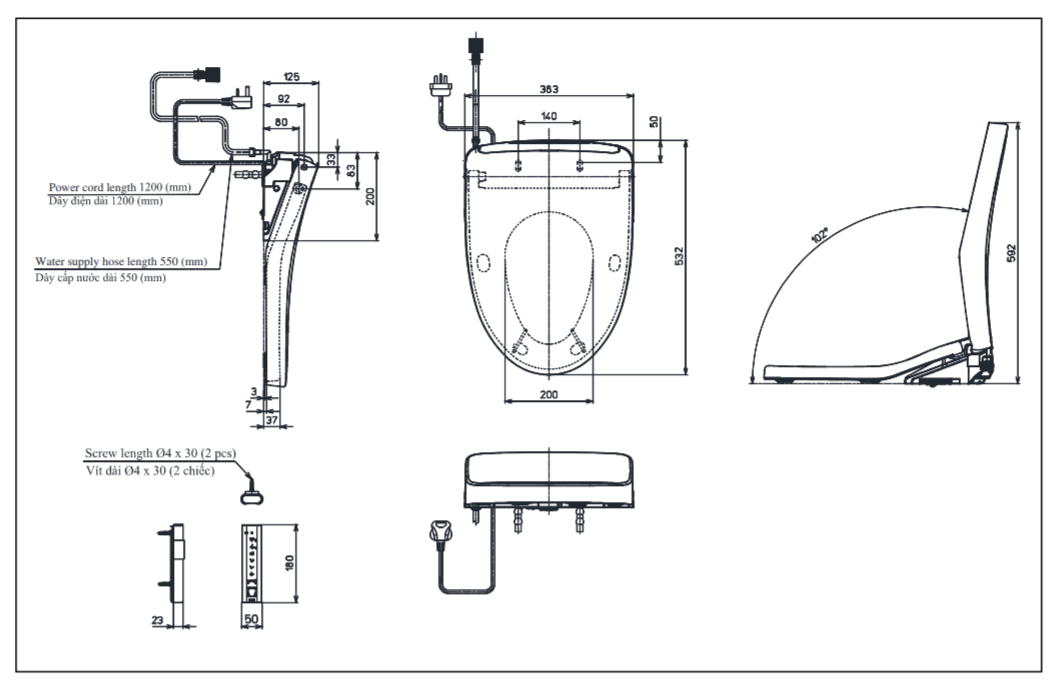 Thông số kĩ thuật nắp rửa điên tử toto washlet TCF4911Z