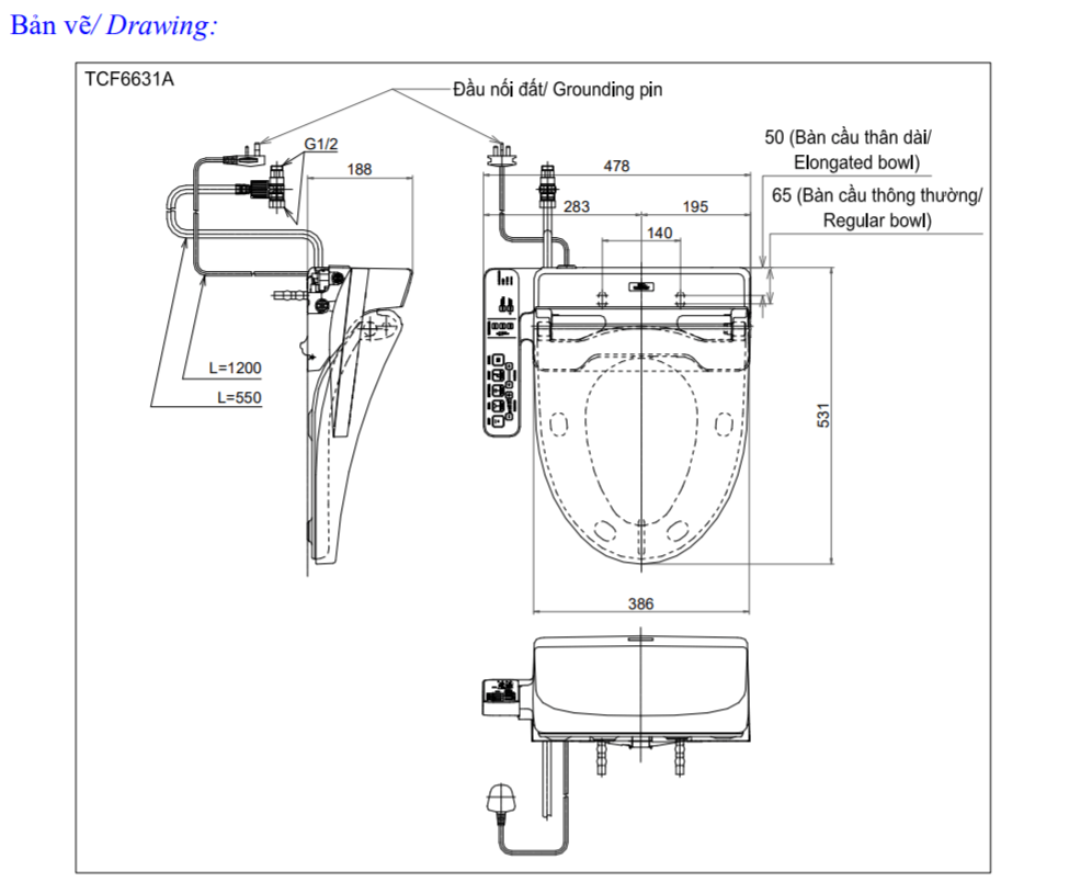Thông số kĩ thuật bồn cầu toto washlet TCF6631A