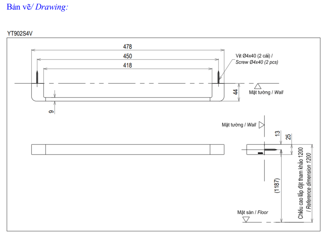 Thông số kĩ thuật thanh vắt khăn TOTO YT902S4V