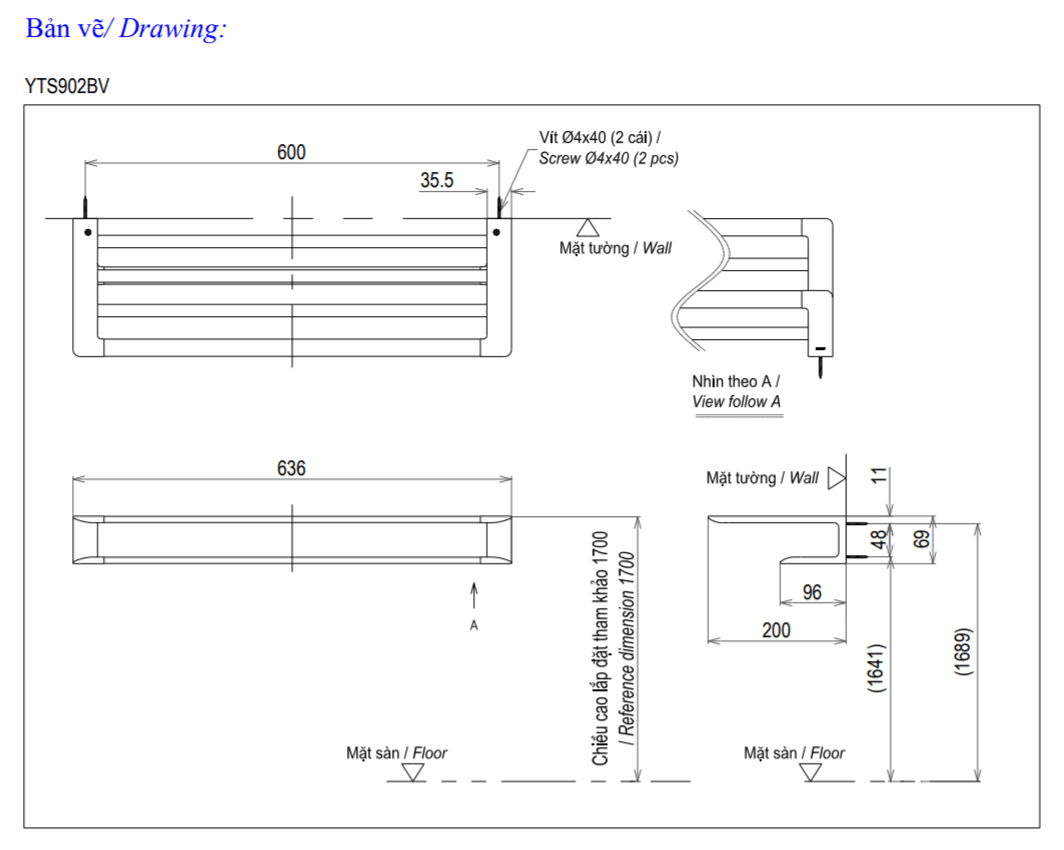 Thông số kĩ thuật thanh vắt khăn TOTO YTS902BV