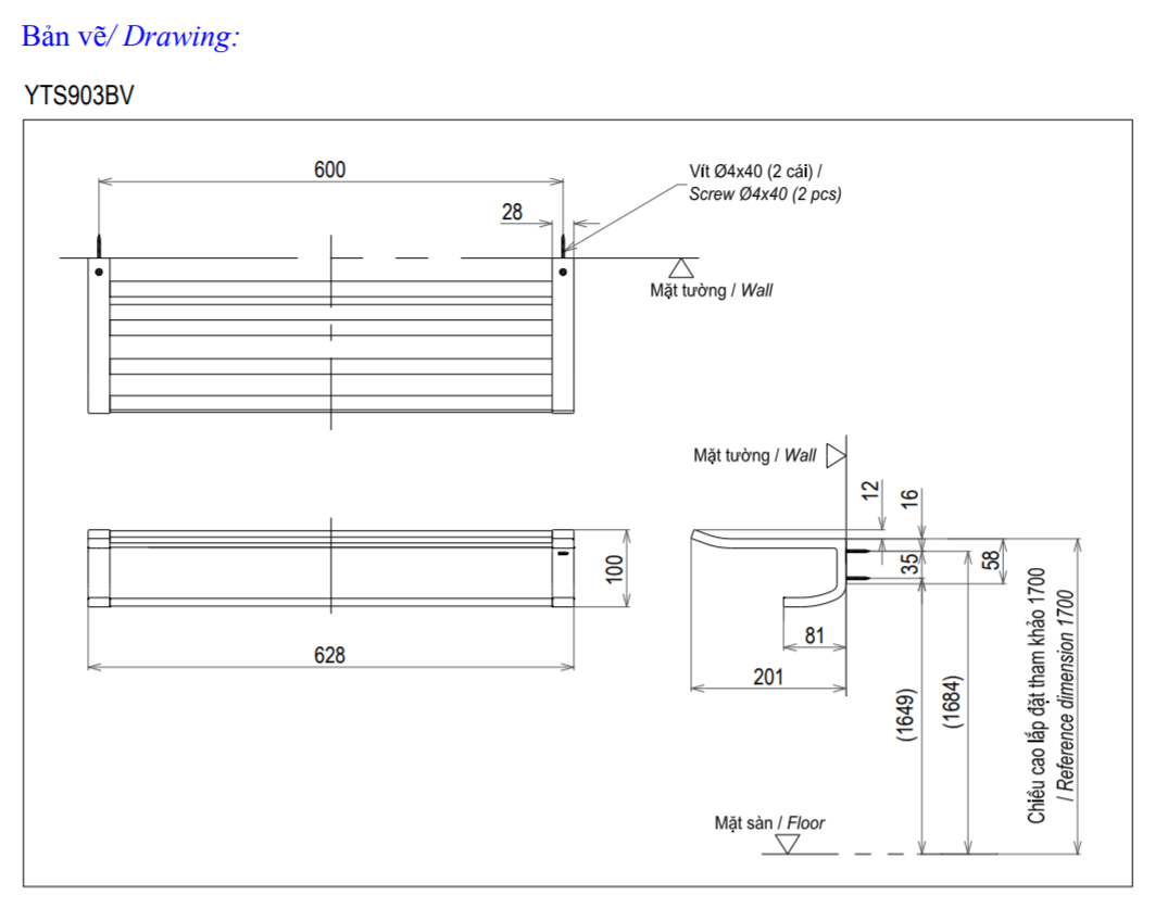 Thông số kĩ thuật thanh vắt khăn toto YTS903BV
