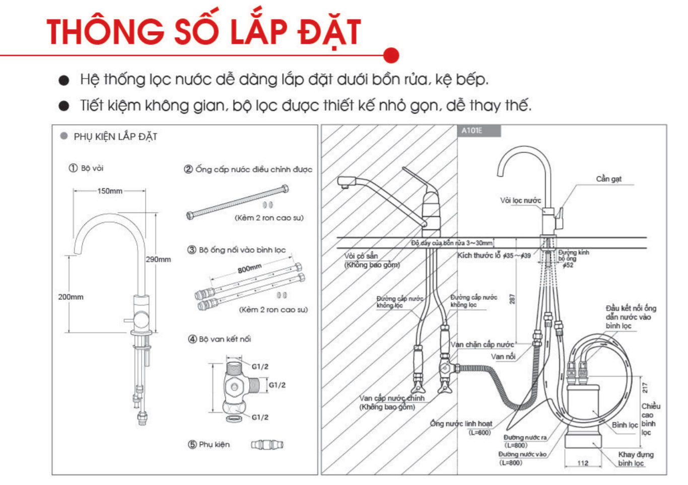 Thông số lắp đặt thiết bị lọc nước âm tủ bếp Mitsubishi Cleansui A101E/EU101 công nghệ Nhật Bản