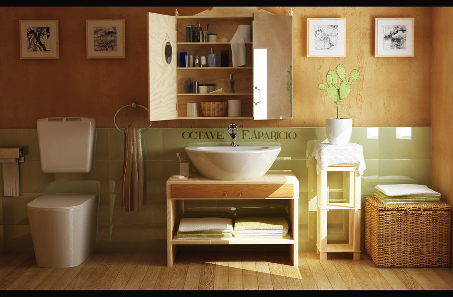 Tận dụng kệ trang trí để căn phòng tắm vợ chồng thêm ấn tượng