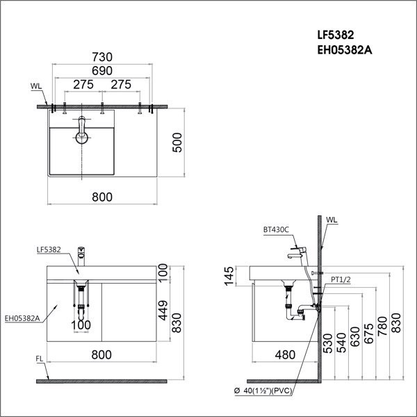 Tủ lavabo liền bàn Caesar LF5382+EH05382AV/ EH05382DWV