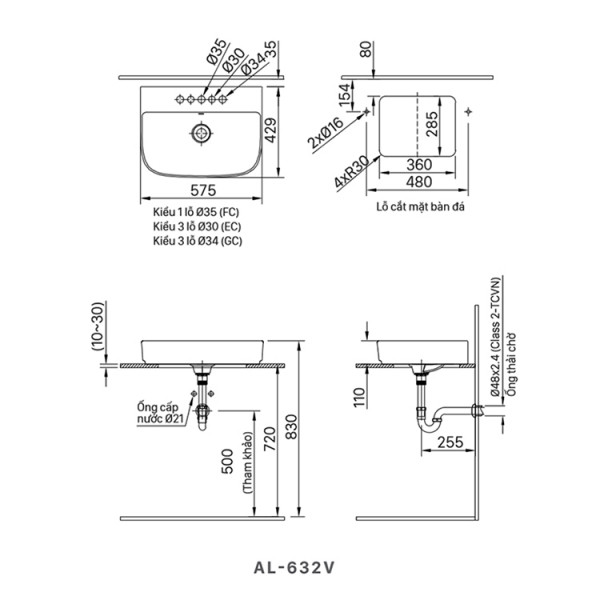 Chậu rửa lavabo đặt bàn INAX AL-632V (AL632V) (AL-632VFC) men Aqua Ceramic