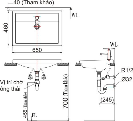 Chậu lavabo dương vành INAX L-2397V (L2397V) (L-2397VFC)