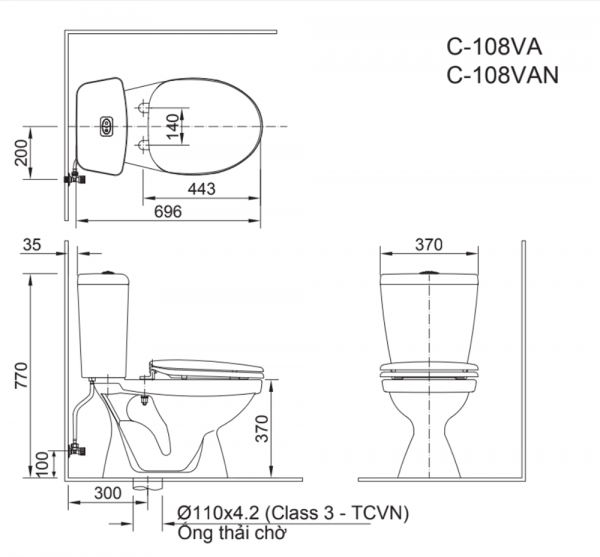 Bồn cầu 2 khối INAX C-108VA (C108VA) xả nhấn nắp thường