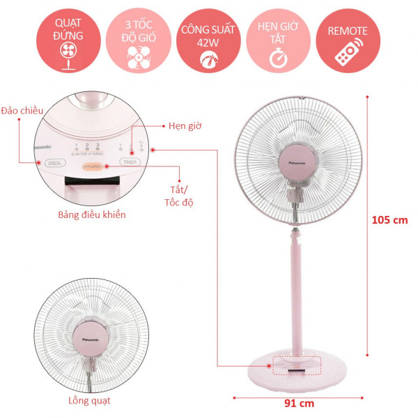 Quạt đứng 5 cánh Panasonic có remote F-308NHB chiều cao 91-105 cm