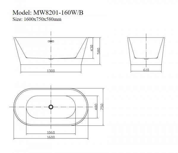 Bồn tắm đặt sàn 1.6m Mowoen MW8201-160WB