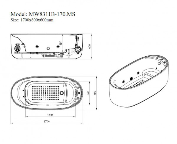 Bồn tắm đặt sàn massage 1.7m MOWOEN MW8311B-170.MS