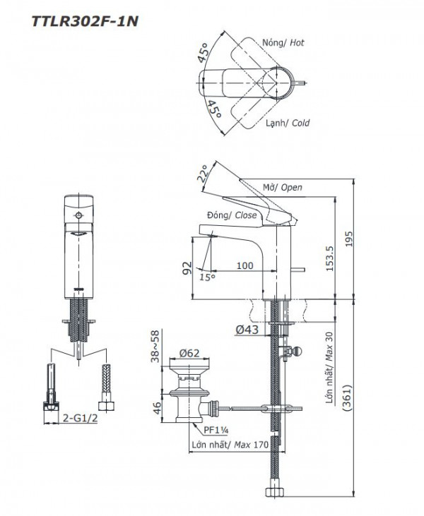 Vòi chậu lavabo nóng lạnh Rei-S TOTO TTLR302F-1N