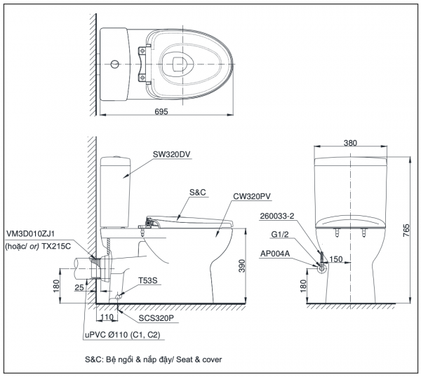 Bồn cầu 2 khối TOTO CS320PDRT3 nắp đóng êm TC385VS thoát ngang
