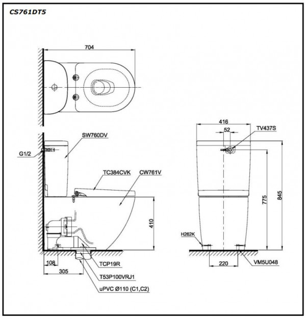 Bồn cầu 2 khối TOTO CS761DT5