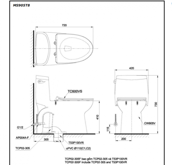 Bồn cầu 1 khối TOTO MS905T8#XW nắp đóng êm TC600VS