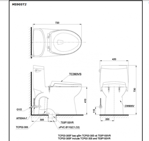 Bồn cầu 1 khối TOTO MS905T2#XW nắp đóng êm TC393VS