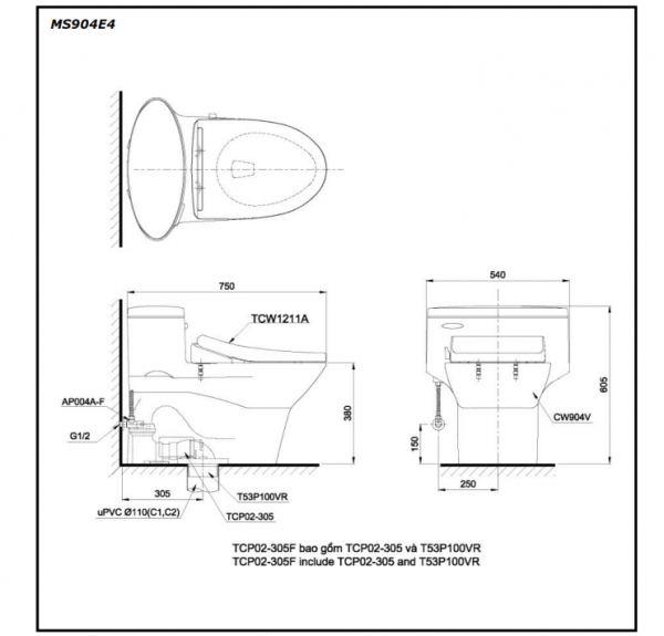 Bồn cầu TOTO MS904E4#XW 1 khối nắp rửa cơ TCW1211A