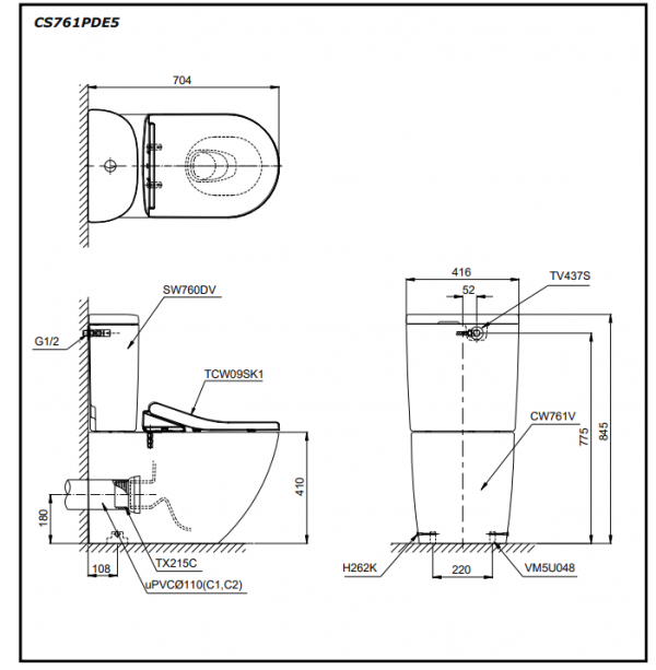 Bồn cầu nắp rửa cơ thoát ngang TOTO CS761PDE5