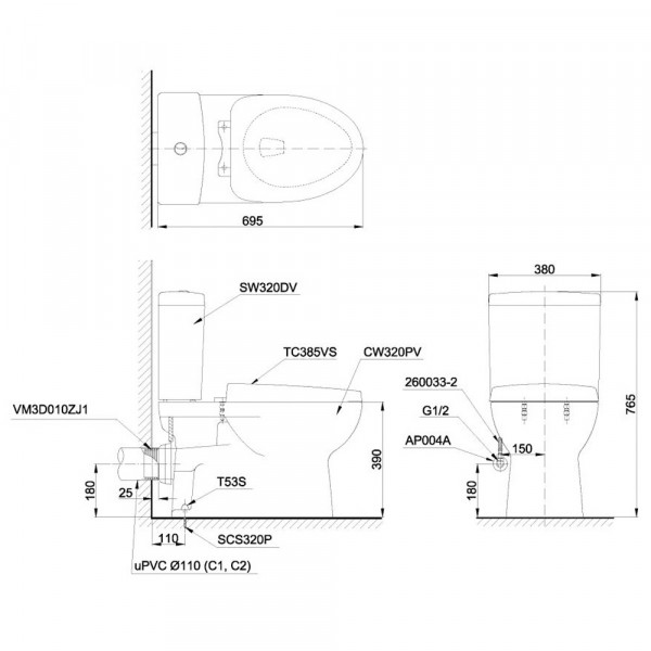 Bồn cầu TOTO CS320PDRE4 2 khối nắp rửa cơ TCW1211A