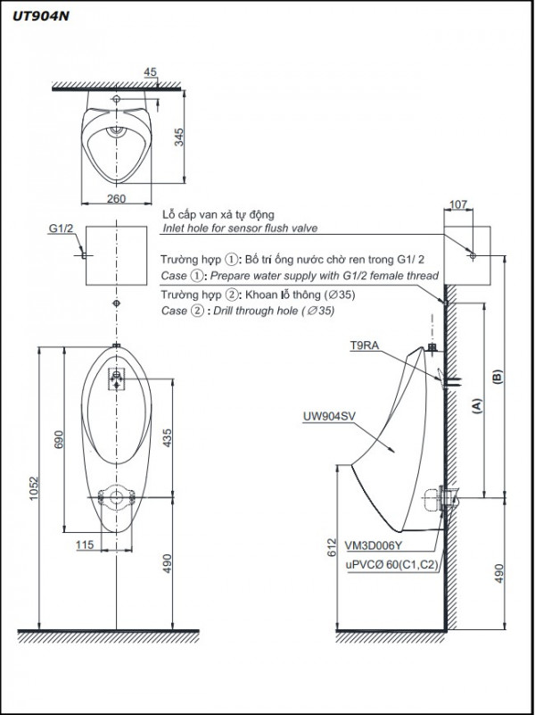 Bồn tiểu nam TOTO UT904N treo tường xả 2L đường cấp nước trên