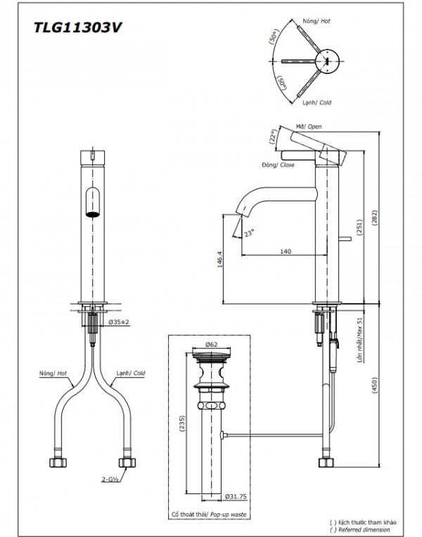 Vòi lavabo nóng lạnh GF TOTO TLG11303V