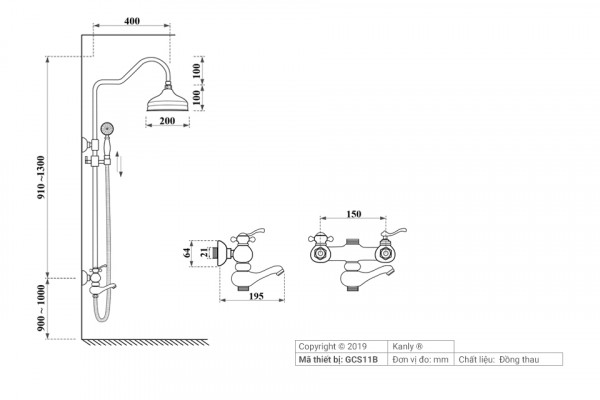 Bộ sen cây tắm đứng nóng lạnh bằng đồng Kanly GCS11B